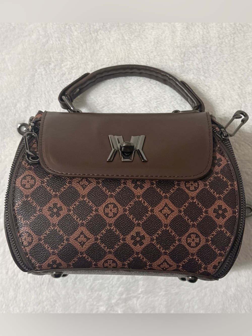 Brown Patterned Top-Handle Satchel with Gold-Tone Hardware